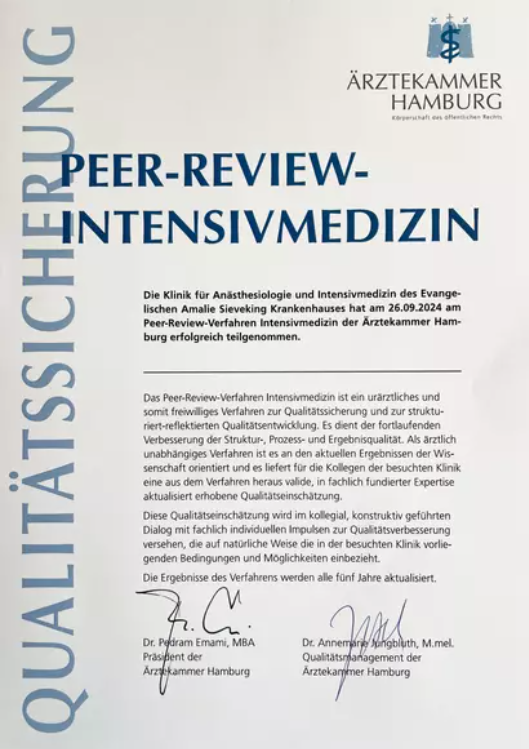 Auszeichnung Peer-Review-Intensivmedizin der Ärztekammer Hamburg für die Klinik für Anästhesiologie und Intensivmedizin, Evangelisches Amalie Sieveking Krankenhaus, Hamburg-Volksdorf Auszeichnung Peer-Review-Intensivmedizin der Ärztekammer Hamburg für die Klinik für Anästhesiologie und Intensivmedizin, Evangelisches Amalie Sieveking Krankenhaus, Hamburg-Volksdorf