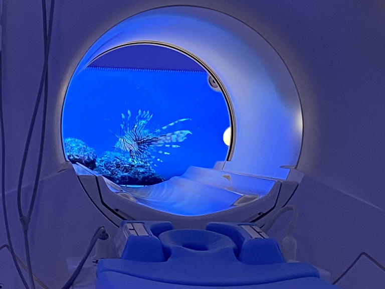 Blick in die blau erleuchtete Röhre des neuen MRT-Systems Philips Ingenia Ambition X im Immanuel Albertinen Zentrum für Radiologie am Standort Amalie Sieveking Krankenhaus in Hamburg-Volksdorf mit einer Meeresprojektion Blick in die blau erleuchtete Röhre des neuen MRT-Systems Philips Ingenia Ambition X im Immanuel Albertinen Zentrum für Radiologie am Standort Amalie Sieveking Krankenhaus in Hamburg-Volksdorf mit einer Meeresprojektion